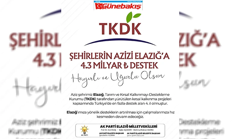 Elazığ’a 4.3 Milyar TL Destek!