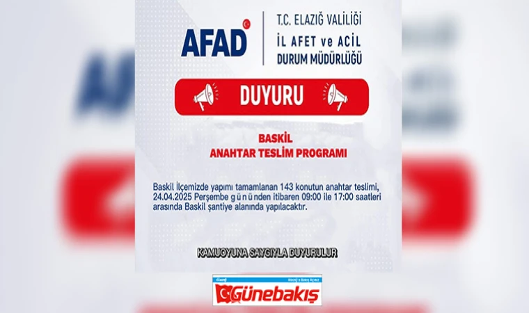 Baskil’de 143 Konutun Anahtarları 24 Nisan’da Teslim Edilecek